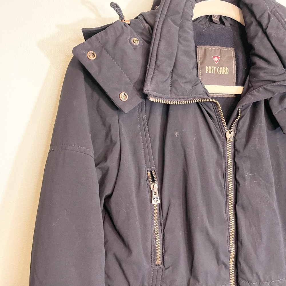 Post Card black Hooded Coat Italian Double Zipper Puffer Jacket Size 4 - Picture 16 of 16